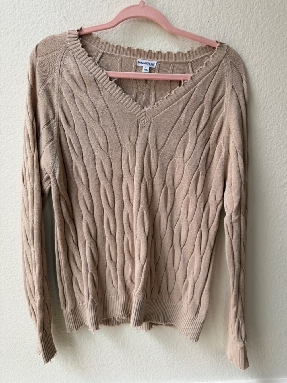 Beige‎ Distressed Cable Knit Sweater 100% Cotton V Neck Coastal Soft Girl L